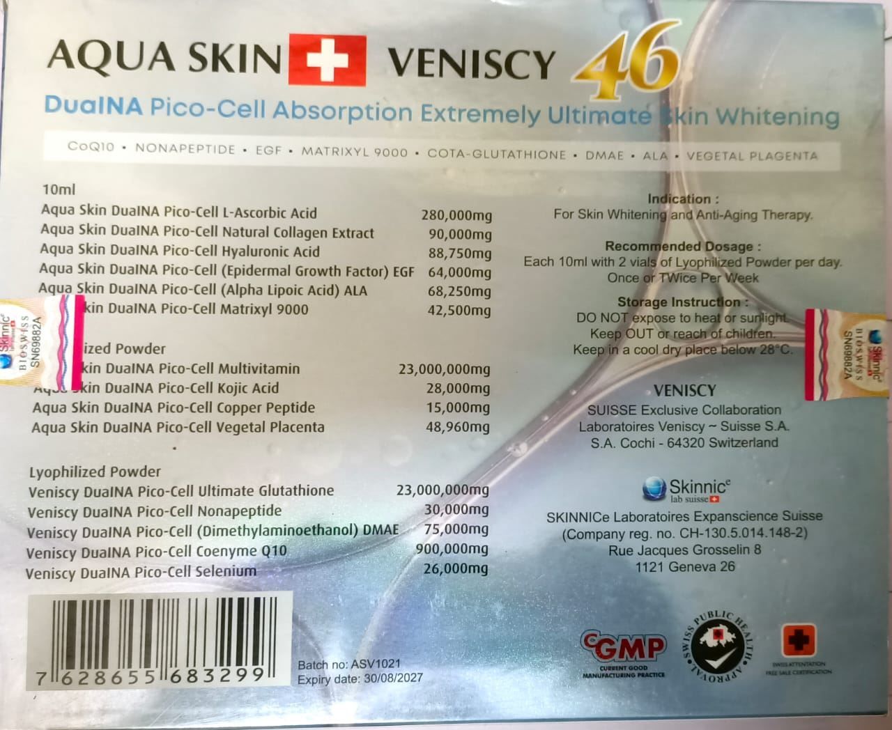 Aqua Skin Veniscy 46 Dualna Pico-cell absorbtion Extremely Ultimate Glutathione Injection