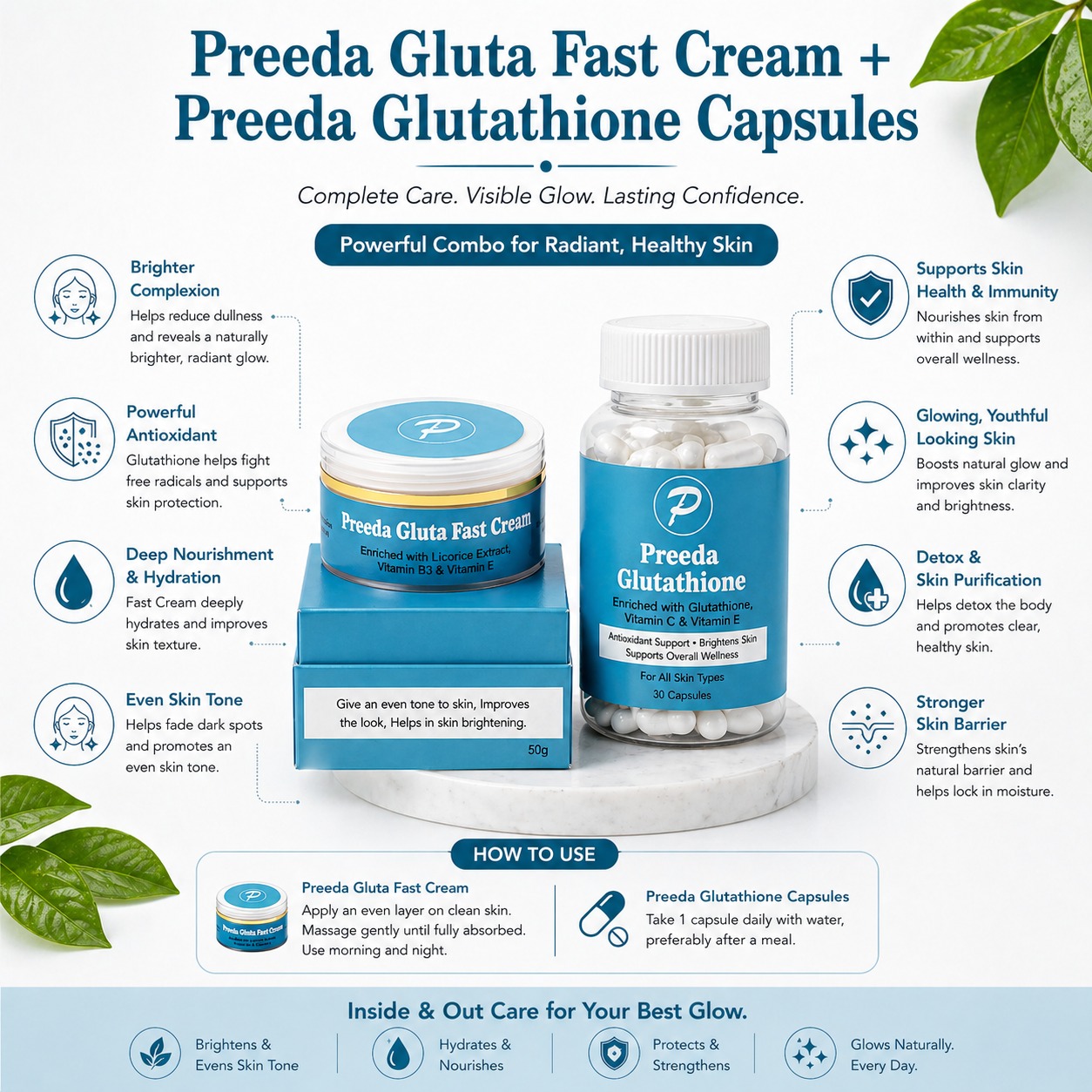 Preeda Gluta Fast Cream Brightening Original with Preeda Glutathione Capsule Combo