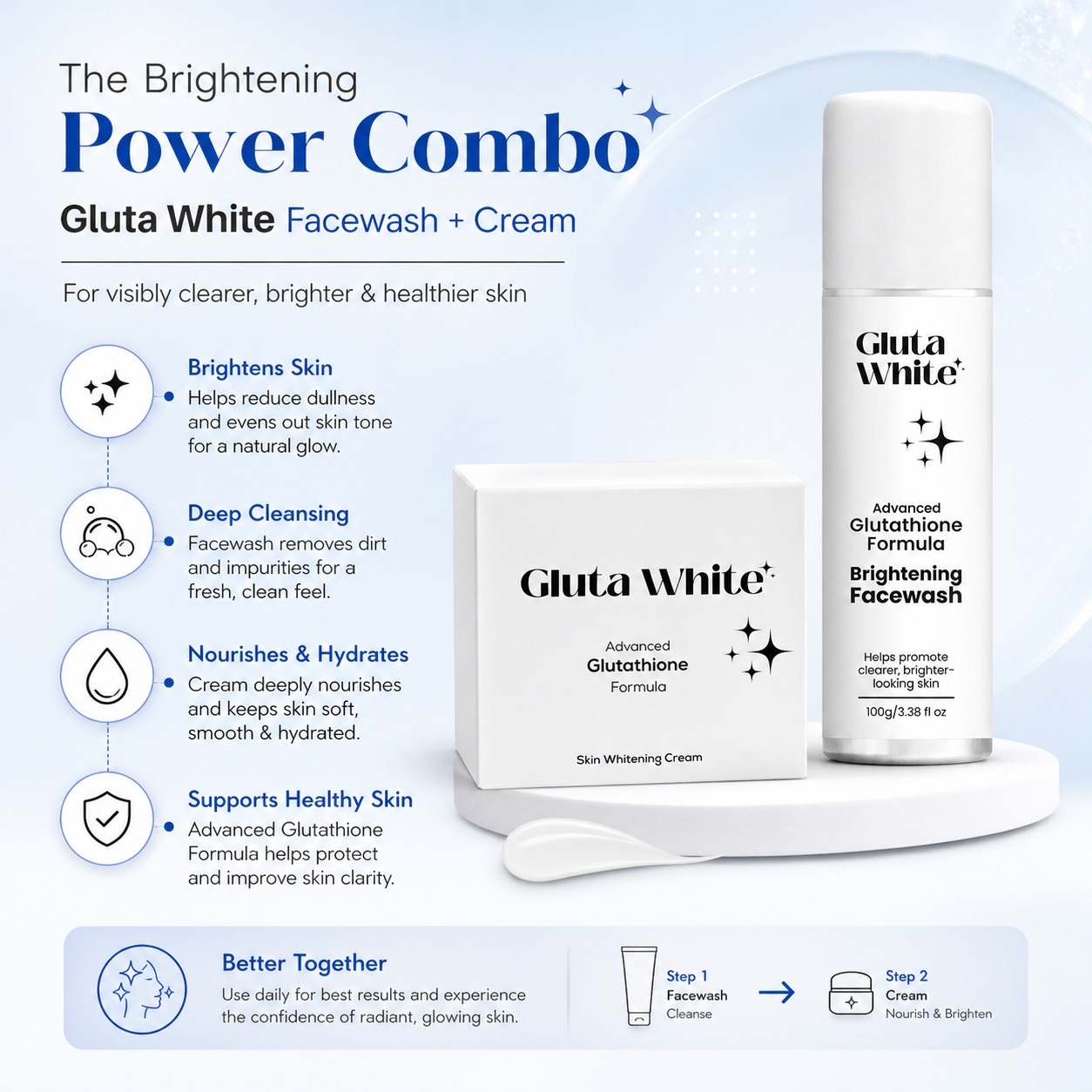 Gluta White Advanced glutawhite cream Brightening Original with Gluta White facewash Combo