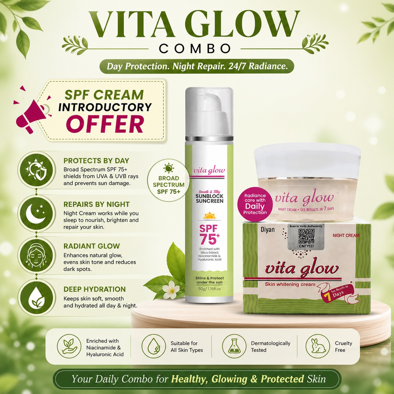Vita Glow Glutathione Skin Brightening  Combo Cream with FREE Sunblock Lotion SPF 75