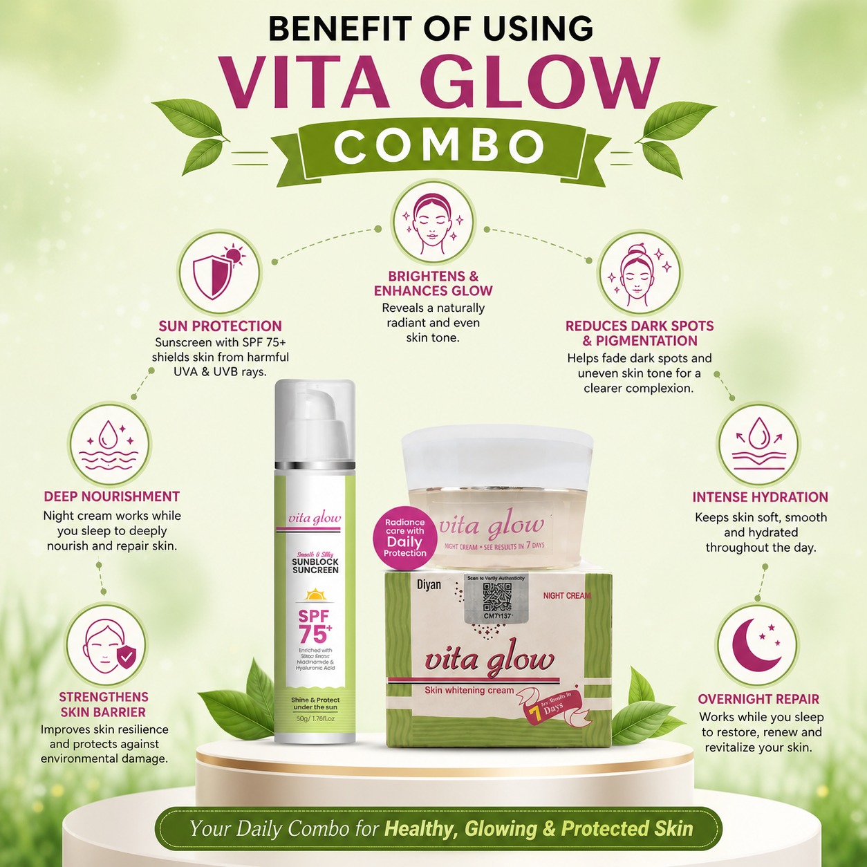 Vita Glow Glutathione Skin Brightening  Combo Cream with FREE Sunblock Lotion SPF 75