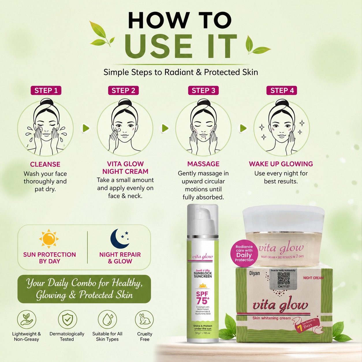 Vita Glow Glutathione Skin Brightening  Combo Cream with FREE Sunblock Lotion SPF 75